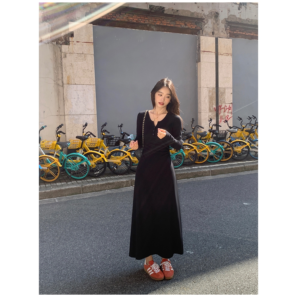 cherryshop พร้อมส่ง ชุดเดรสยาวติดกระดุมแขนยาวแฟชั่นฝรั่งเศสใหม่สำหรับผู้หญิง สีพื้น ผ้ายืดใส่สบาย สไตล์สลิมฟิต อ่อนโยน - รูปที่ 7