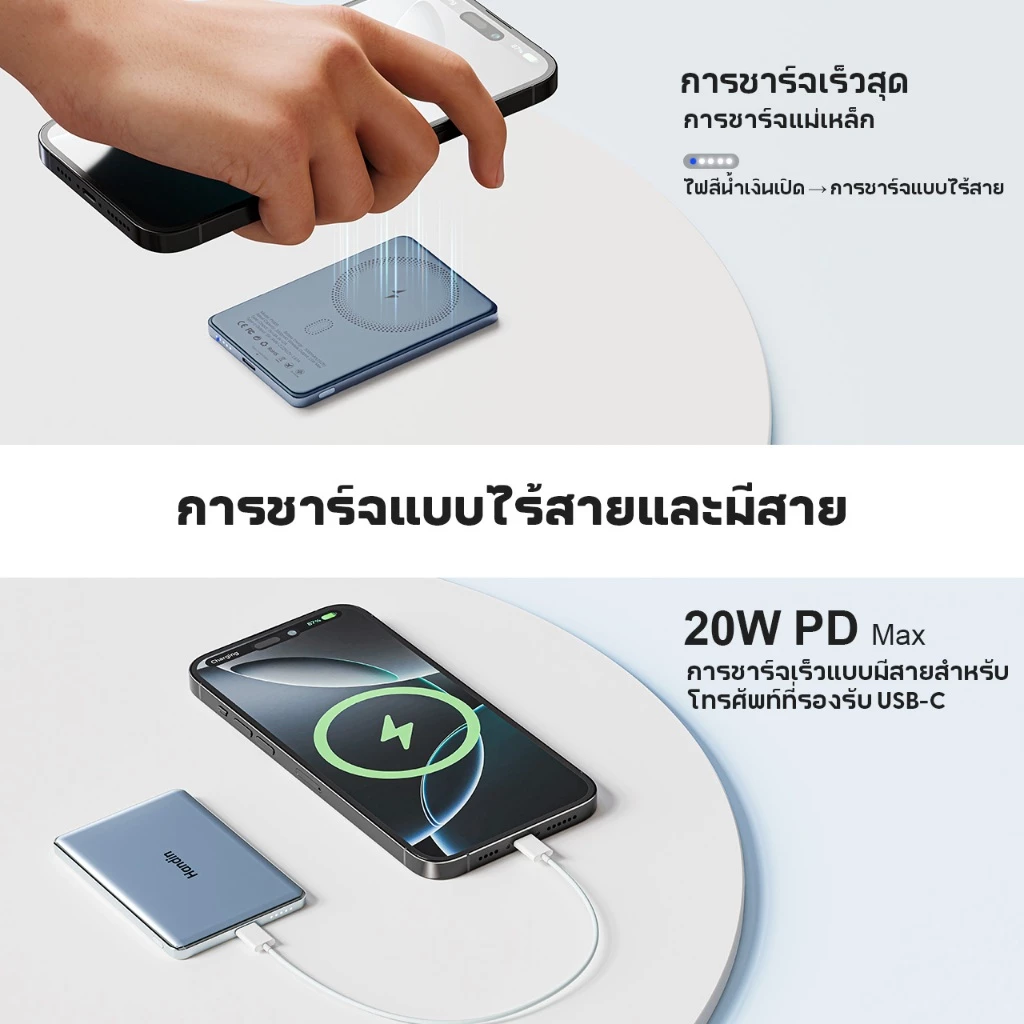 Handin Magnetic 12000mAh Powerbank Mini ไร้สาย PD20W ชาร์จเร็ว thumbnail 4
