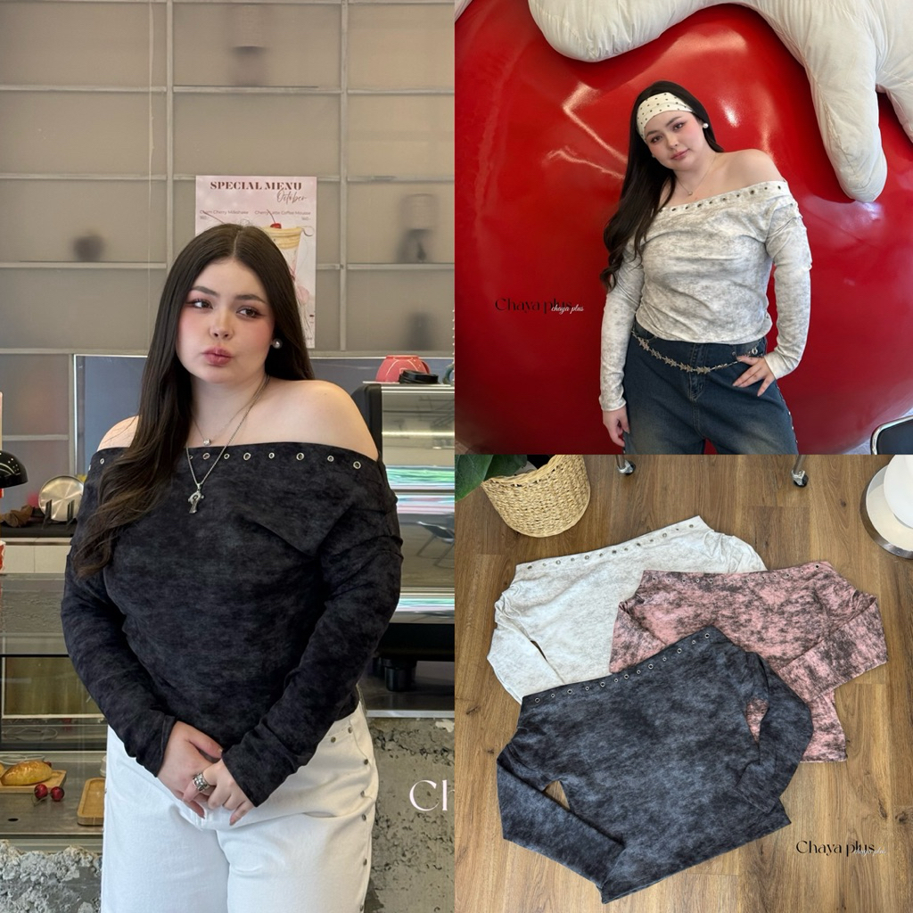 (LD) ปาดไหล่ แขนยาว เจาะตาไก่ ผ้าลายหินอ่อน นุ่มนิ่ม เก๋สุดๆ ชีเสริฟ ชีเฟียส ชีเริ่ด เสื้อผ้าสาวอวบอ้วน ไซส์ใหญ่