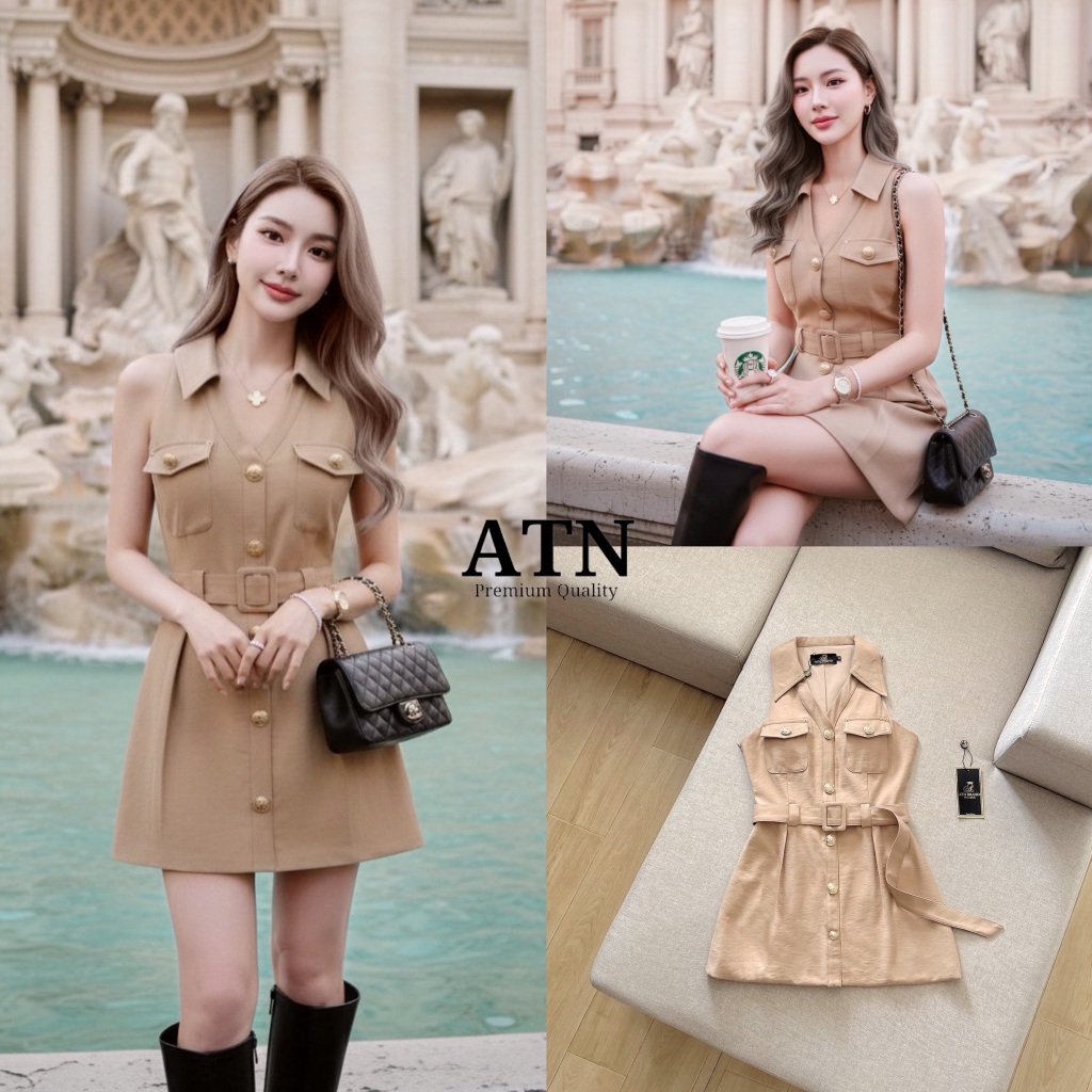ATN มินิเดรสคอปกแต่งกระดุม- สีคาราเมล