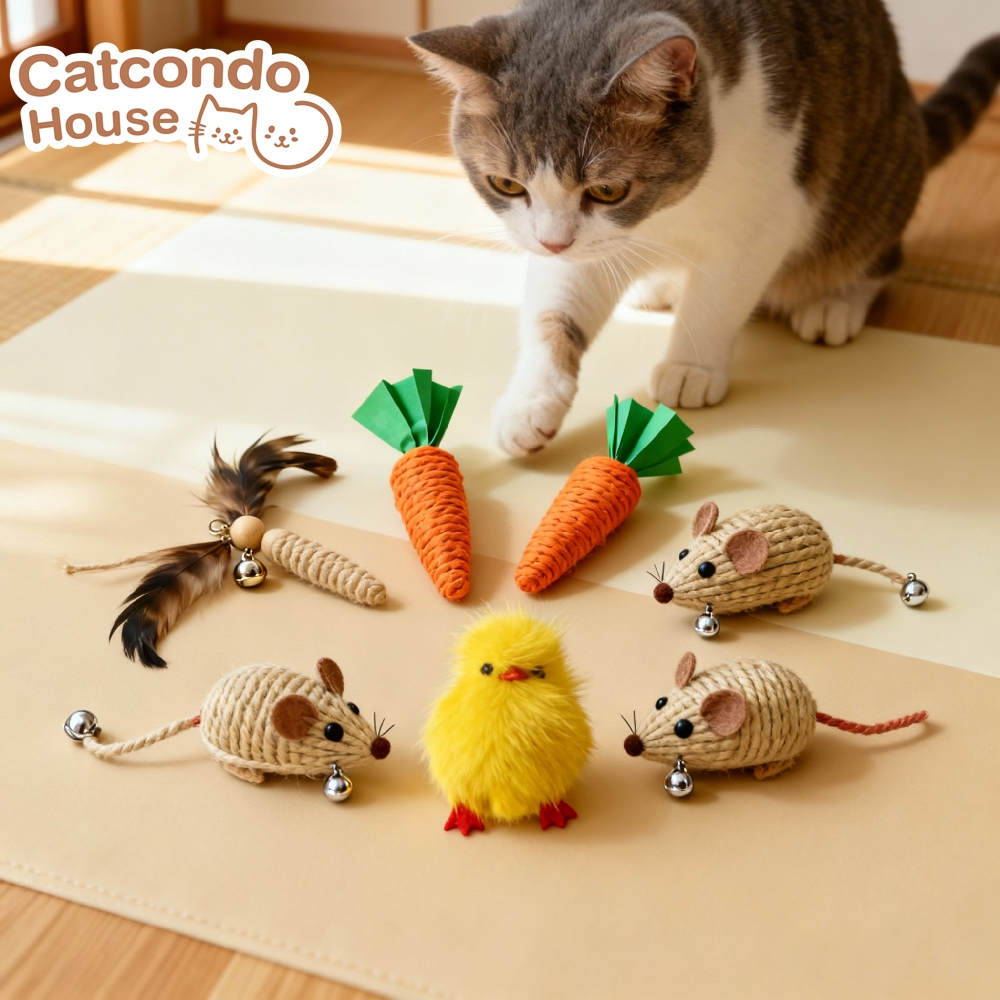 Cathouse ของเล่นแมว ไก่น้อย(สีเหลือง) หนูน้อย(สีน้ำตาล) หางกระดิ่ง หนูน้อย(สีน้ำตาล) หางขนนก แครอทเชือกจิ๋ว
