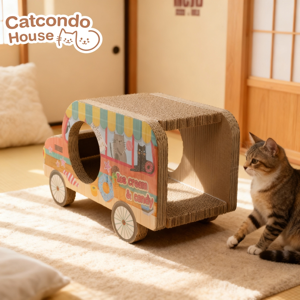 Cathouse รถลับเล็บไอศกรีม บ้านแมวกระดาษลายรถไอติม ที่ลับเล็บ+ที่นอนแมว