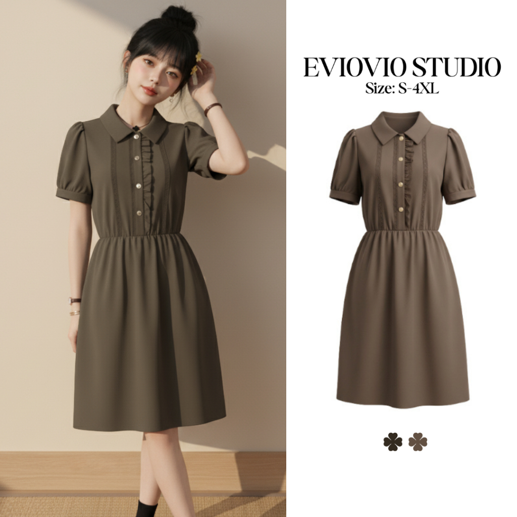 【EVIOVIO】(S-4XL)🥰เดรสสั้นดีไซน์เก๋ แขนตุ๊กตาพองนิดๆ ระบายลูกไม้ เหมาะสำหรับทุกโอกาส🎉 เดรสสาวอวบ