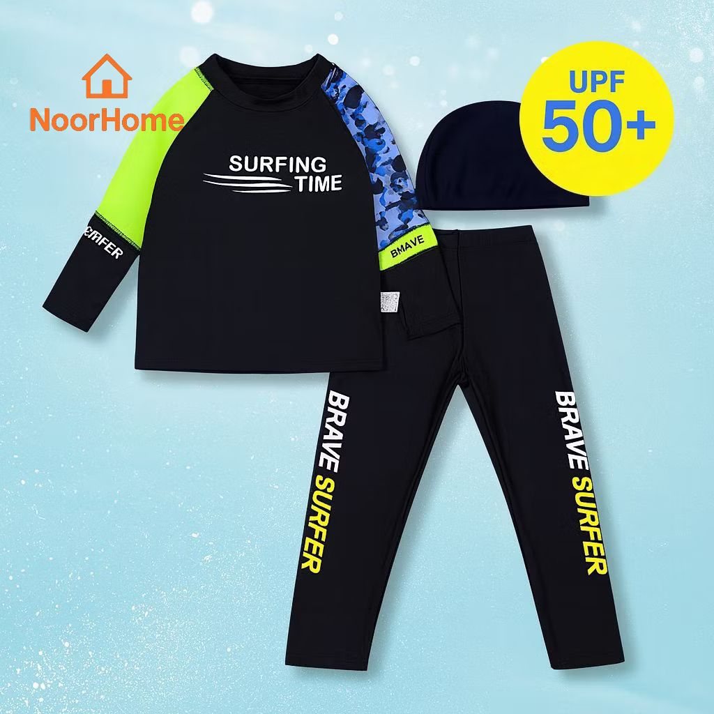 [ร้านหยุด 20-21 มี.ค.]ชุดว่ายน้ำเด็กผู้ชาย แขนยาว กางเกงขายาว พร้อมหมวก ลาย SURFING กันแดด UPF50+ (3 ชิ้น)