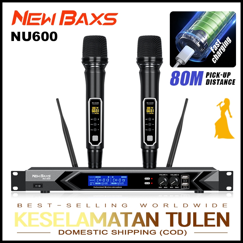 NEW BAXS ไมโครโฟนไร้สายแบบชาร์จซ้ำได้ NU600, UHF FM เปลี่ยนความถี่ได้ง่าย 80M ไม่มีเสียงรบกวน ประสิทธิภาพคาราโอเกะ KTV
