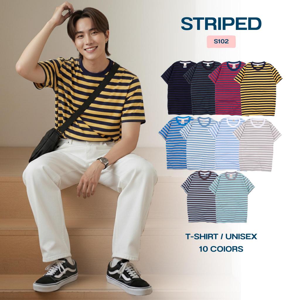 (A15)S102เสื้อลายทางสีสวย โทนอ่อน เข้ม ผ้าคอตตอน ใส่สบาย พร้อมส่ง