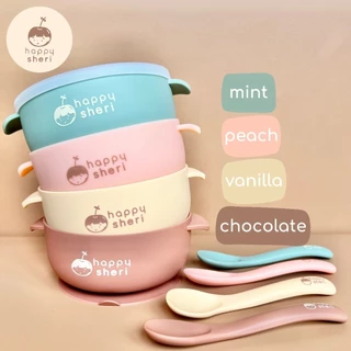 Happy Sheri ถ้วยซิลิโคนก้นดูด พร้อมฝาปิด ช้อนและกล่องเก็บ | silicone suction bowl + lid ถ้วยซิลิโคนดูดโต๊ะ ชามเด็ก มีฝา