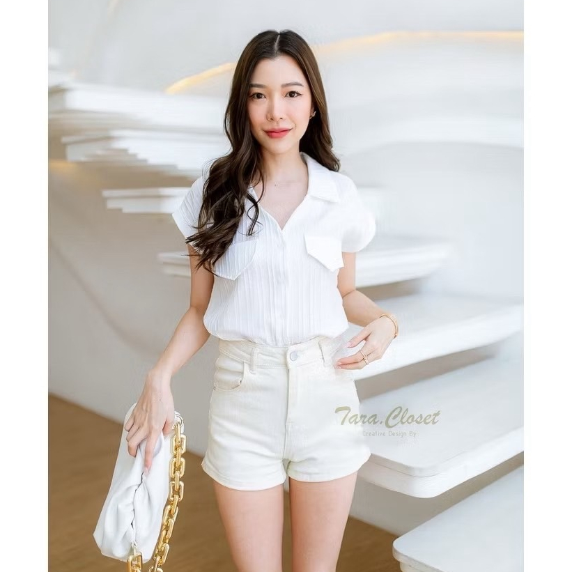 ZO046 TARA Shirt เสื้อเชิ้ต แขนเบิ้ล คอวี กระดุมหน้า แต่งฝากระเป๋าคู่ สไตล์เกาหลี ผ้าไฮทวิส ผ้าสวมใส่สบาย ใส่ได้ทุกโอกาส