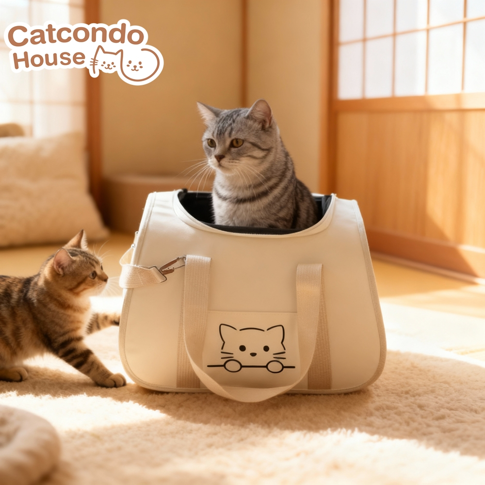 Cathouse กระเป๋าลายแมว เบจ-น้ำเงิน กระเป๋าสะพายแมว ลายน้องแมวสุดน่ารัก พับเก็บได้ พกพาสะดวก