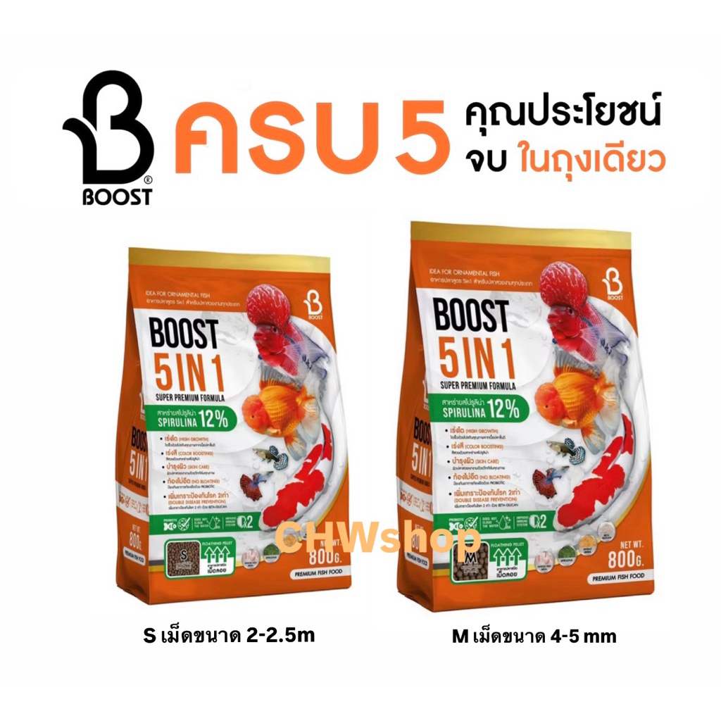Boost 5in1 (ถุง800g) อาหารปลาสวยงาม ปลาทอง ปลาคาร์ฟ บูสท์ (Boost 5in1) 5 คุณประโยชน์ ครบจบในถุงเดียว ขนาด 800 กรัม