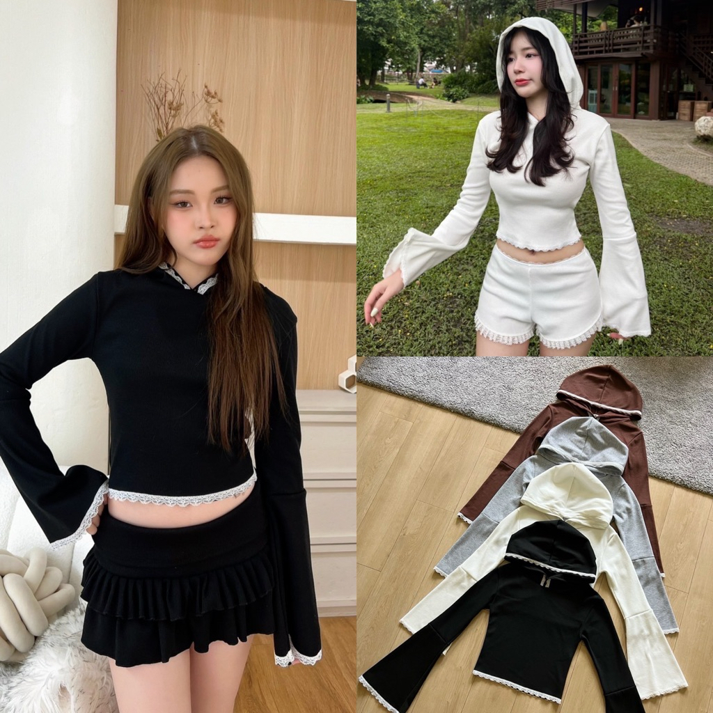 New Lace Trim Hoodie  เสื้อฮูดแขนยาวรุ่นใหม่ค่า ดีเทลแต่งลูกไม้ตรงหมวก ชายแขนและชายเสื้อ (Bykim🏷️)