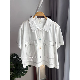 [อก 44] เสื้อเชิ้ตแขนสั้นผ้าฝ้ายเนื้อบางกระดุมหัวใจ (บาง ใส่สบาย) (GC5)