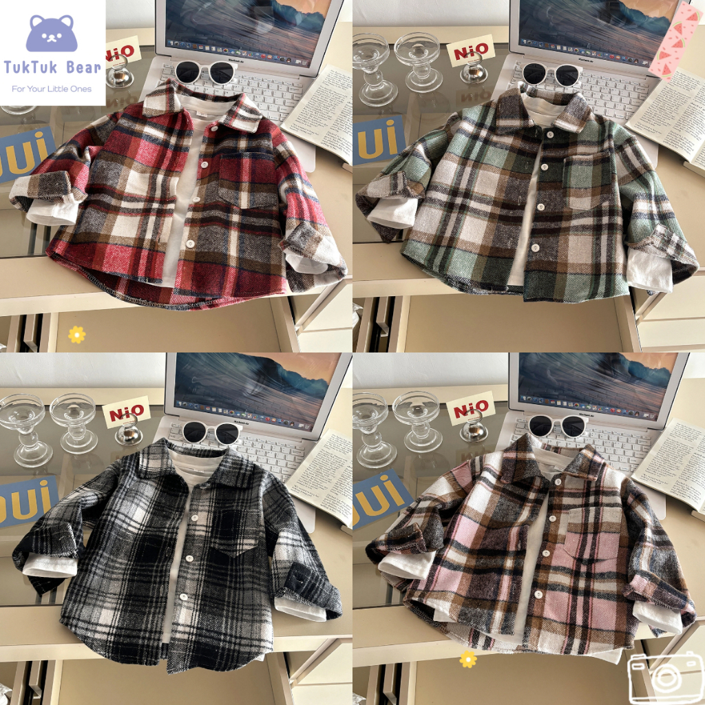 เสื้อเซื้ตเด็ก เสื้อผ้าลายสก๊อตเด็ก แฟชั่นเกาหลี แขนเสื้อมีกระดุม เหมาะสำหรับฤดูหนาว ไซส์100-150