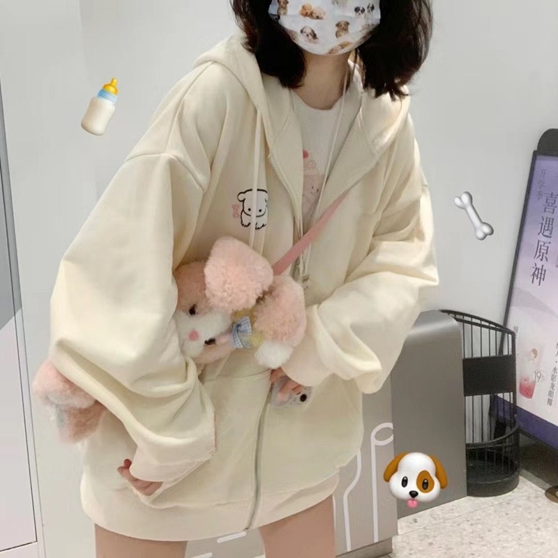 เสื้อกันหนาวมีฮู้ดผู้หญิง เสื้อคลุมแขนยาว มีซิป ลายปัก น่ารัก ผ้าสำลี สไตส์วัยรุ่นเกาหลี