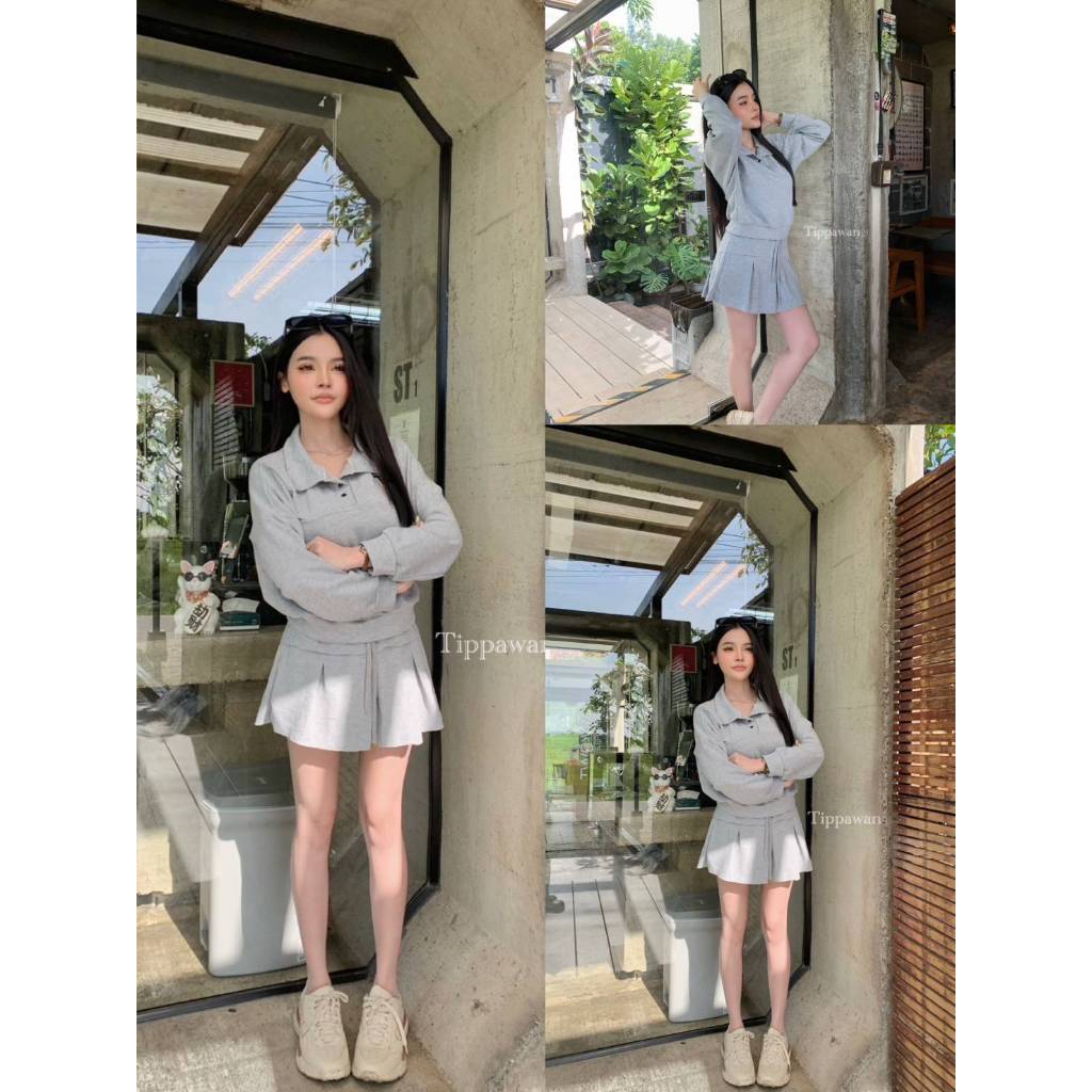 【TIPPAWAN】 TPW 33256 พร้อมหนาวแบบน่ารัก แขนยาวคอปกมาพร้อมกระโปรงสุดฮิต ด้านในมี กก สวยแบบชุดเดียวจ