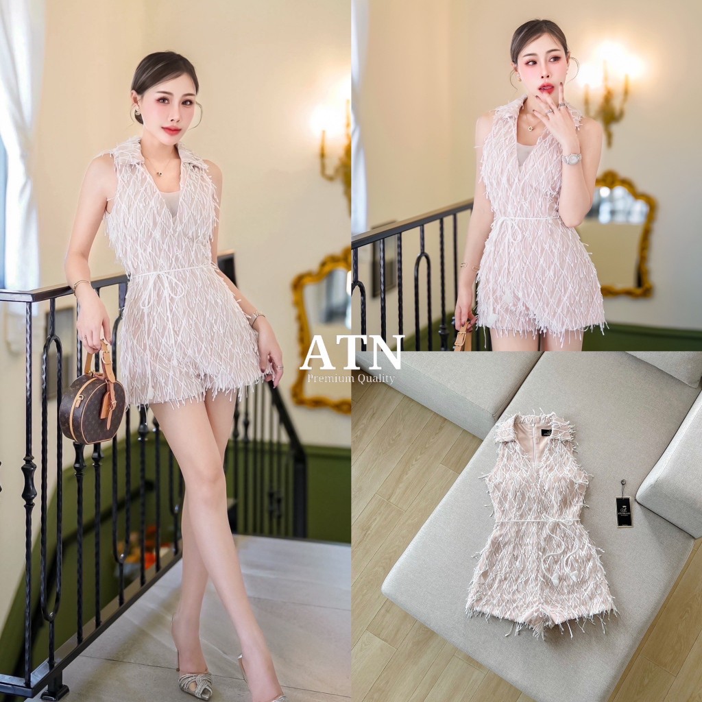 ATN BRAND ATN03 จั้มสูทแขนกุดคอปก ช่วงอกแต่งผ้าซีทรู อกเสริมฟองน้ำ ซิปหลัง +สายผูกเอวเข้า set