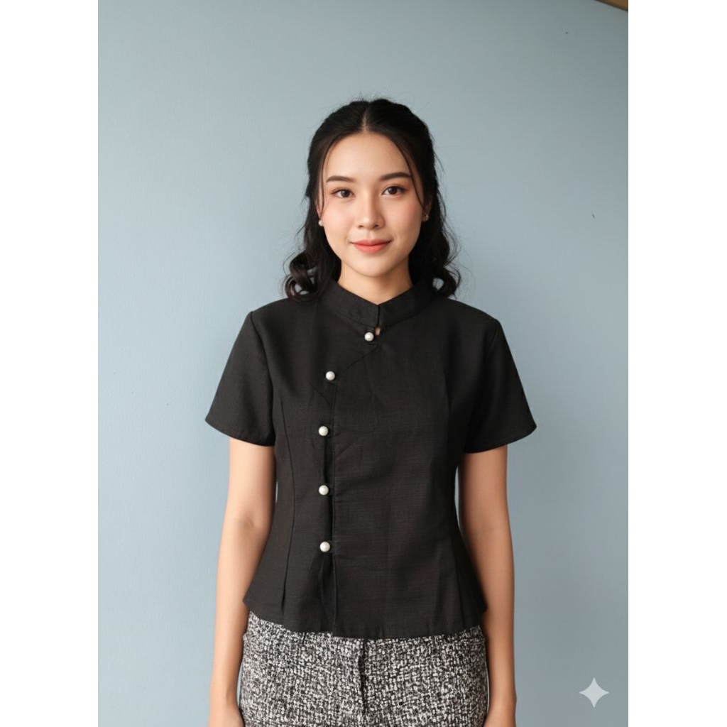 เสื้อคอจีนS36-44เสื้อแขนสั้นเข้ารูปแต่งกระดุมมุก