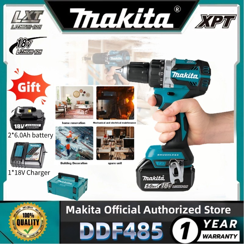 Makita DDF485 สว่านไฟฟ้าแบบไม่มีแปรง, สว่านไฟฟ้าแบบไร้สาย 18V6.0Ah แบตเตอรี่ลิเธียมแบบชาร์จไฟได้, เค