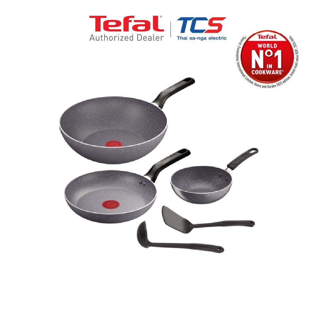 Tefal CW ชุดกระทะ Natura 5 ชิ้น รุ่น B226S595 กระทะก้นลึก 28/16 ซม. กระทะแบน 24 ซม. พร้อมกระบวยและตะ