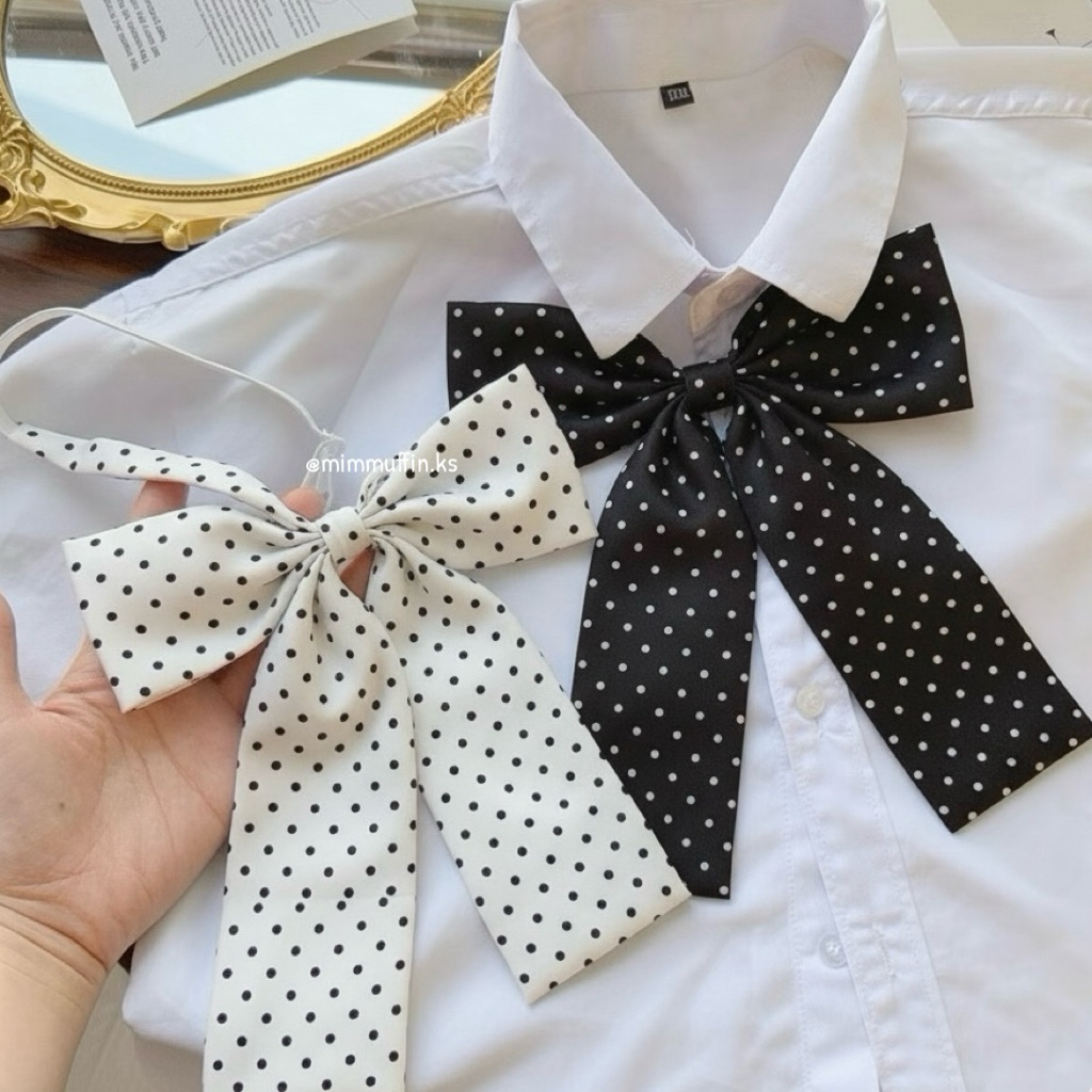 [Mimmuffin] โบว์หูกระต่าย เนคไท โบว์ผูกคอแฟชั่นลายจุด  Bow Tie Polka Dot Ribbon Korean Style โบว์นักเรียน โบว์ทำงาน