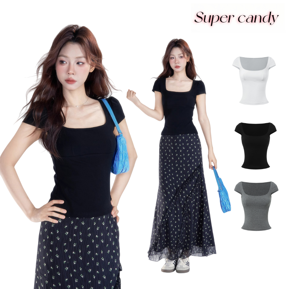 SuperCandy🌷เสื้อยืดผู้หญิง คอสี่เหลี่ยม ดีไซน์เข้ารูป ยืดหยุ่นได้ สไตล์ สาวแซ่บ ทันสมัย