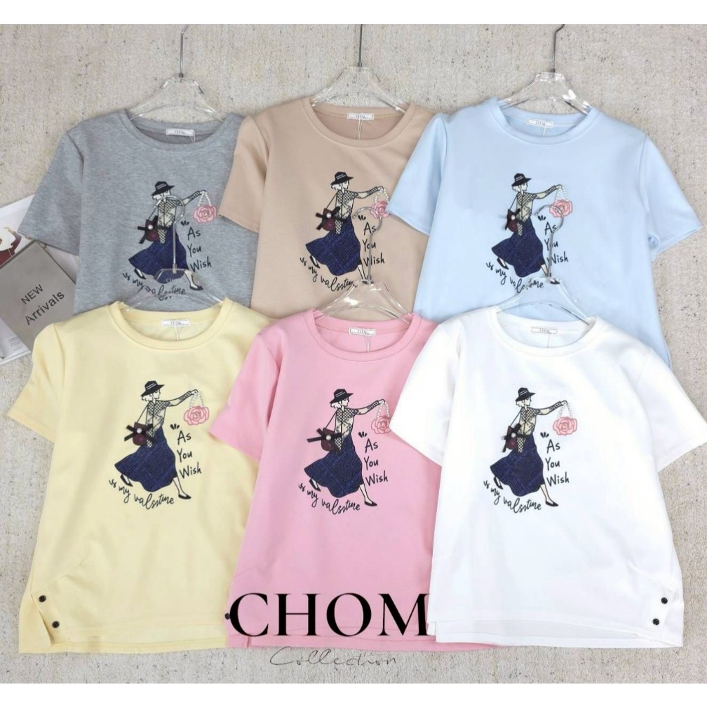 ป้าย CHOM เสื้อผ้าคอตตอนยืดลายผู้หญิงสวย อก  42 นิ้ว ยาว 24 นิ้ว