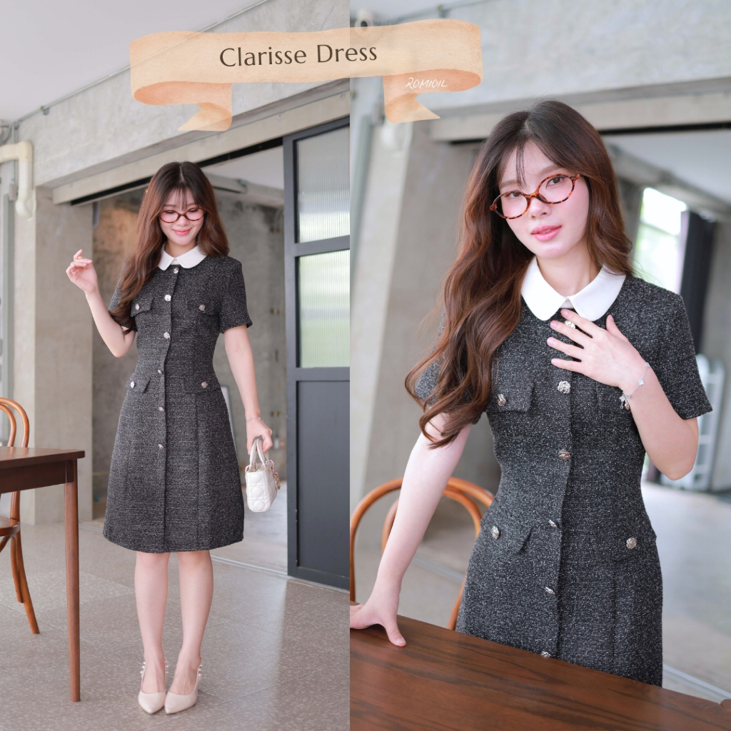 "Romi"Oil" Clarisse Dress  (black) K308 ชุดเดรสสีดำ (ผ้าทวีตพรีเมี่ยมกระดุมดอกไม้)