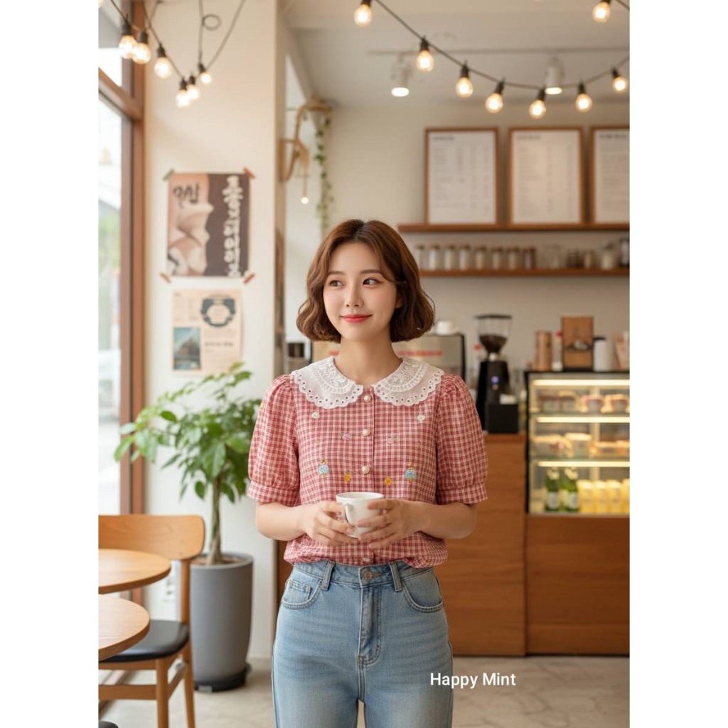 ป้าย N.N เสื้อลายสก็อตปักลายน่ารัก ๆ แต่งปกลูกไม้ 2 ชั้น อก 40 นิ้ว ยาว 21 นิ้ว - รูปที่ 2