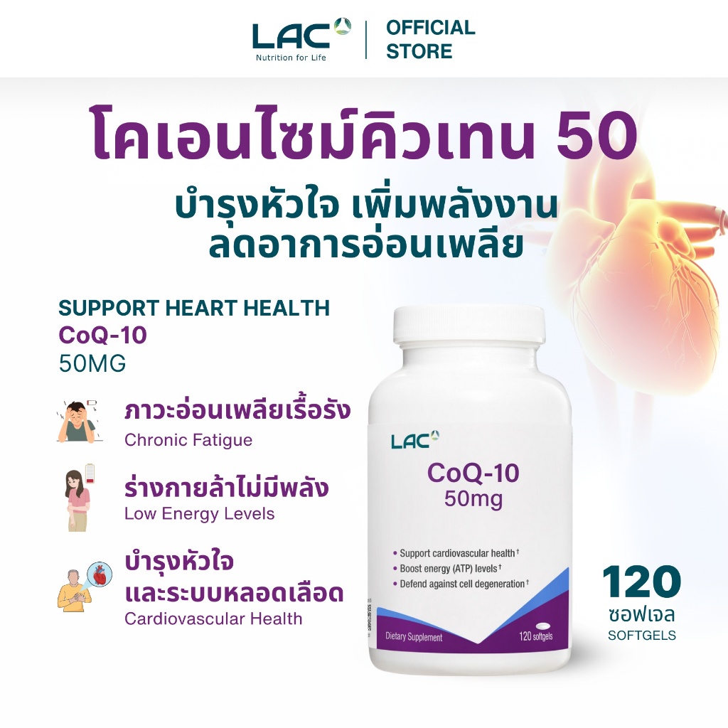 LAC WELLNESS -  CoQ10 Coenzyme Q10 50mg 120 Softgels โคเอนไซม์คิวเท็น ชะลอวัย เพิ่มพลัง และดูแลสุขภา