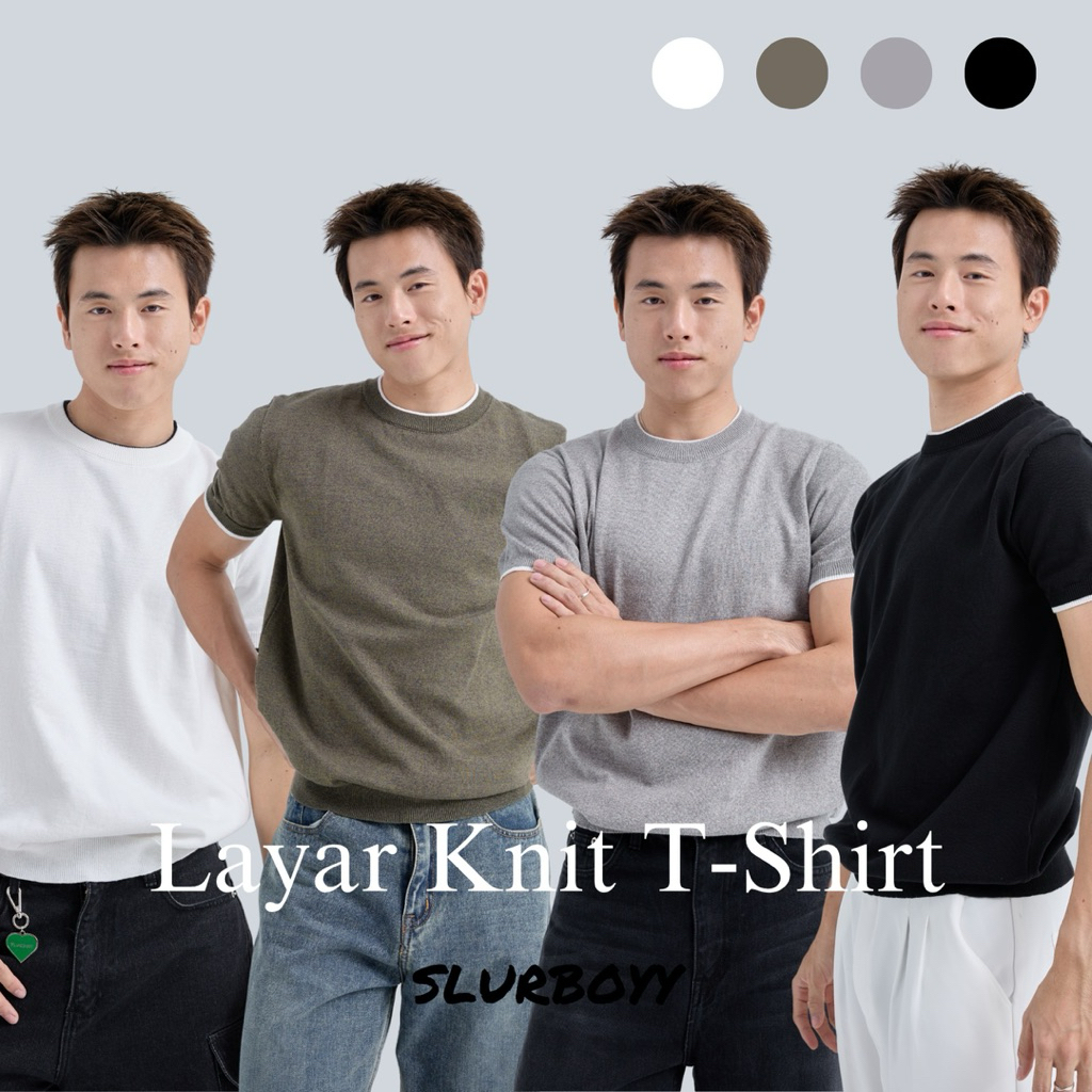 (ส่งด่วน กทม 4 ชม.) SLURBOYY Layer Premium Knit T-Shirt เสื้อไหมพรมคอกลม เลเยอร์คอเสื้อและแขน (SB0844)