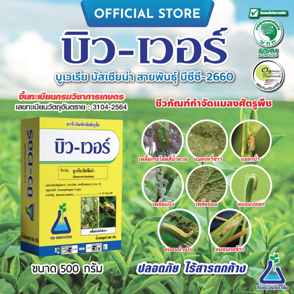 บูเวเรีย บิว-เวอร์ ขนาด 500 กรัม กำจัดเพลี้ยอ่อน แมลงหวี่ขาว เพลี้ยแป้ง เกษตรอินทรีย์ ปลอดภัย ไร้สารตกค้าง
