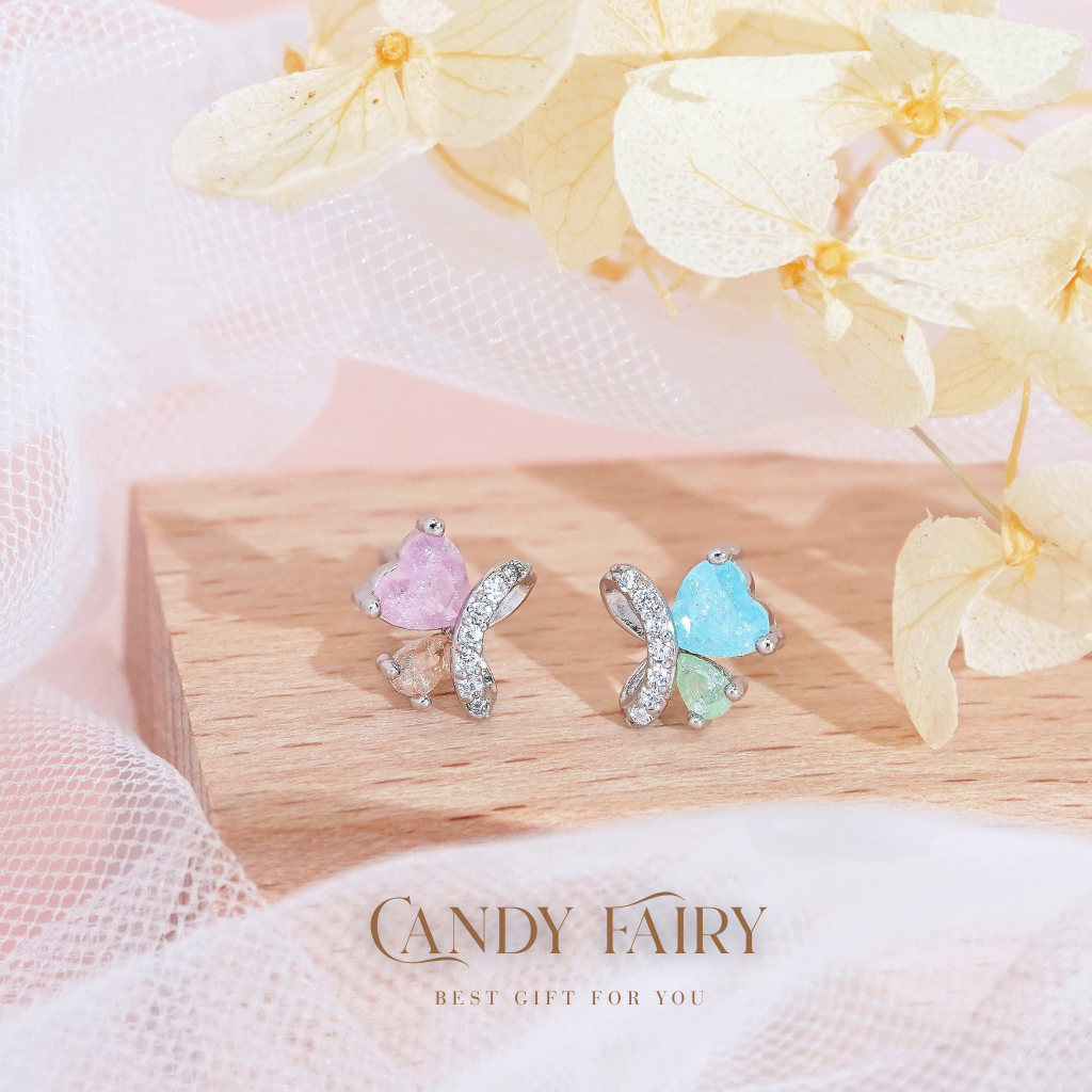 nnjew ต่างหูเงินแท้ 99.9% s999 (ทั้งตัวเรือน ก้านอ่อน) Candy Fairy ทรง ผีเสื้อ ผู้หญิง