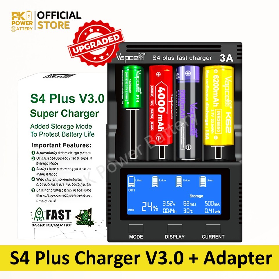 [Upgrade V3.0 ใหม่ล่าสุด] เครื่องชาร์จ Vapcell S4 plus ชาร์จได้สูงสดุ 3A พร้อมกัน 4 ช่อง