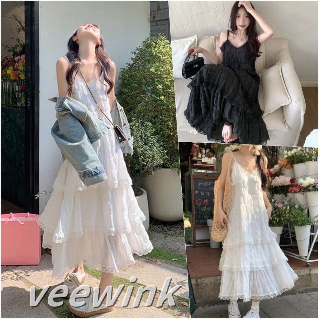 Veewink พร้อมส่งจากกทม ชุดเดรสยาวสายเดี่ยว กระโปรงแขวนลูกไม้สีขาว กระโปรงเค้ก ผู้หญิง ลูกไม้ 3 ชั้น สไตล์แฟรี่