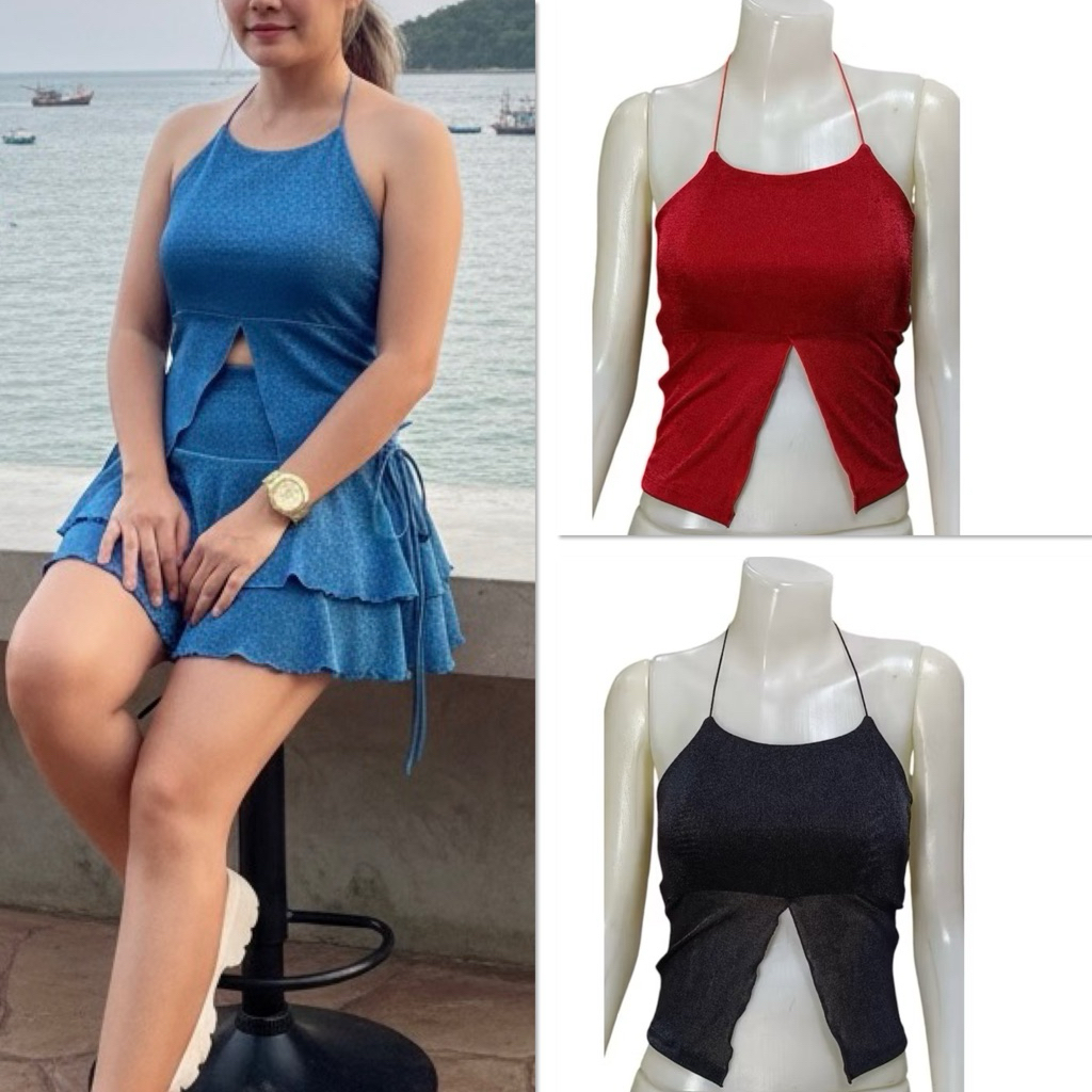 Sns340✨เสื้อสายยางสปาเกตตี้✨แบบคล้องคอ✨แต่งโชว์หน้า✨ผ้าวิ้งGlittet✨bizu