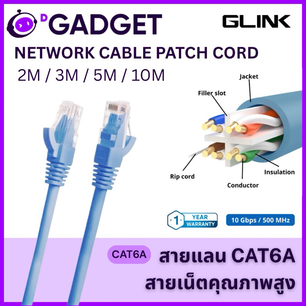 GLINK CAT6A สายแลน LAN 10Gbps 500MHz RJ45 LSZH Cable 2M/3M/5M/10M คุณภาพสูง ประกัน 1 ปี