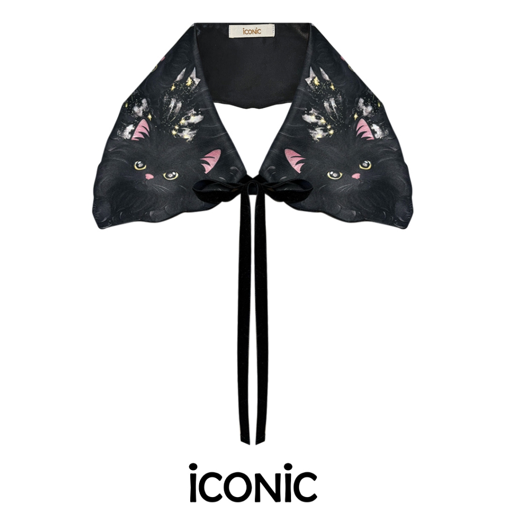iCONiC EBONY COLLAR #20522 ปกคอ ผ้าซาติน พิมพ์ลาย แมว แบบผูก สีดำ