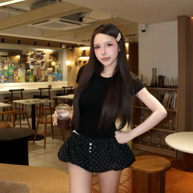 ‼️ส่งไวมีส่งด่วน‼️[SUACLOTHE]  BABY T POLKADOT เสื้อครอปรัดรูปเนื้อผ้าดี กางเกงบอลลูนลายโพกะดอท พร้อ