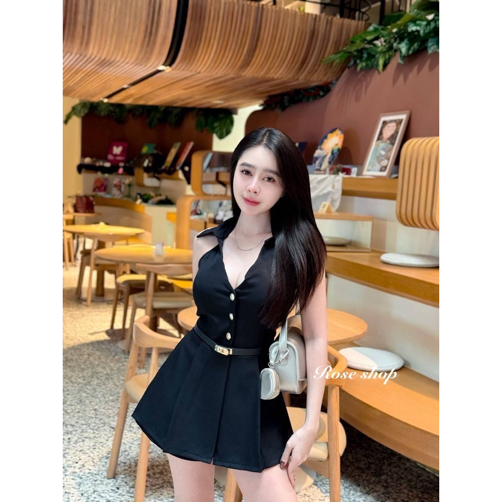 #Ontop เซต3ชิ้น เสื้อคล้องคอ คอปกแต่งกระดุมงานคัตติ้งเนี๊ยบ แถมเข็มขัด หรูหราสุด