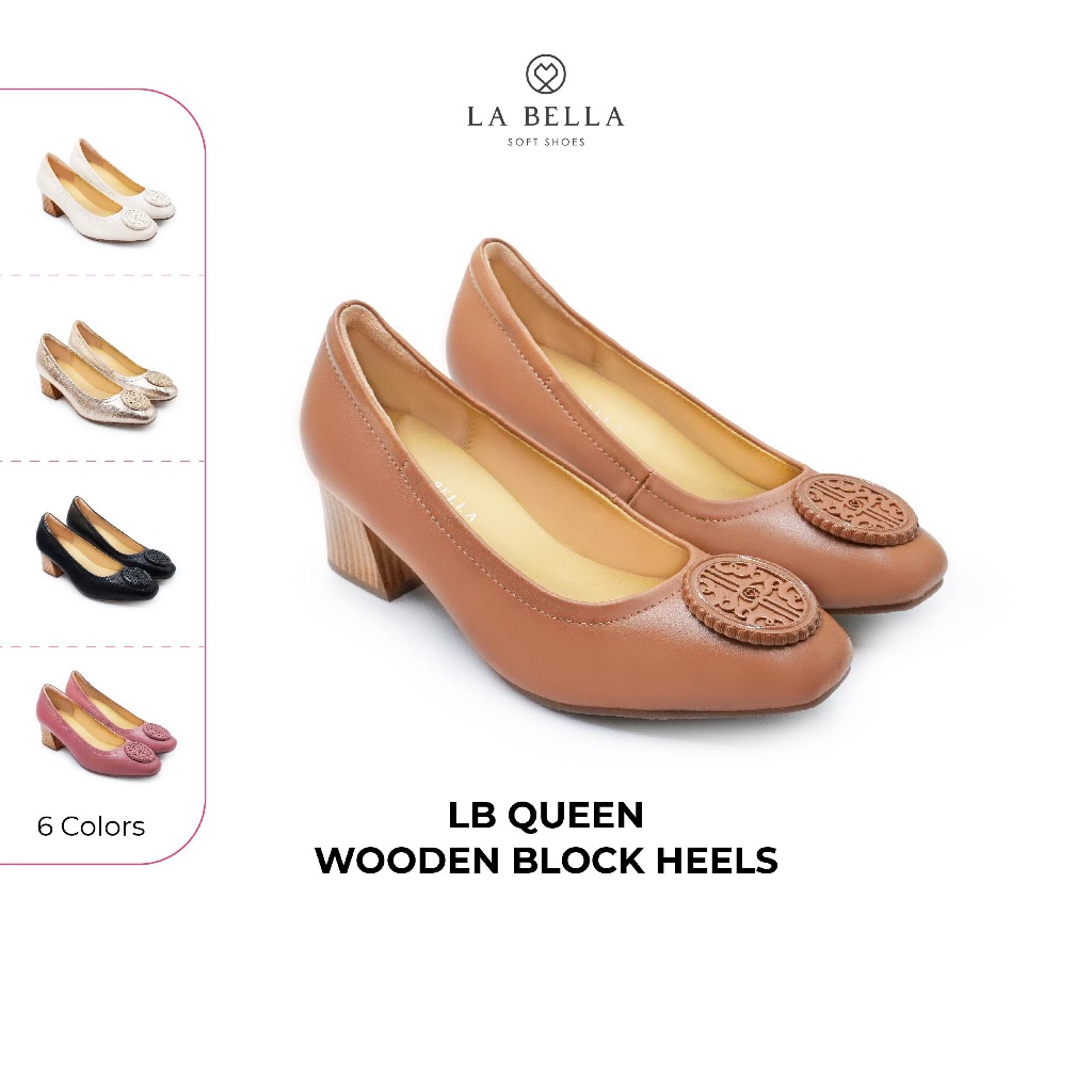 LA BELLA รองเท้าคัชชูส้นสูงหนังแกะ  รุ่น LB QUEEN WOODEN BLOCK HEELS 6 สี