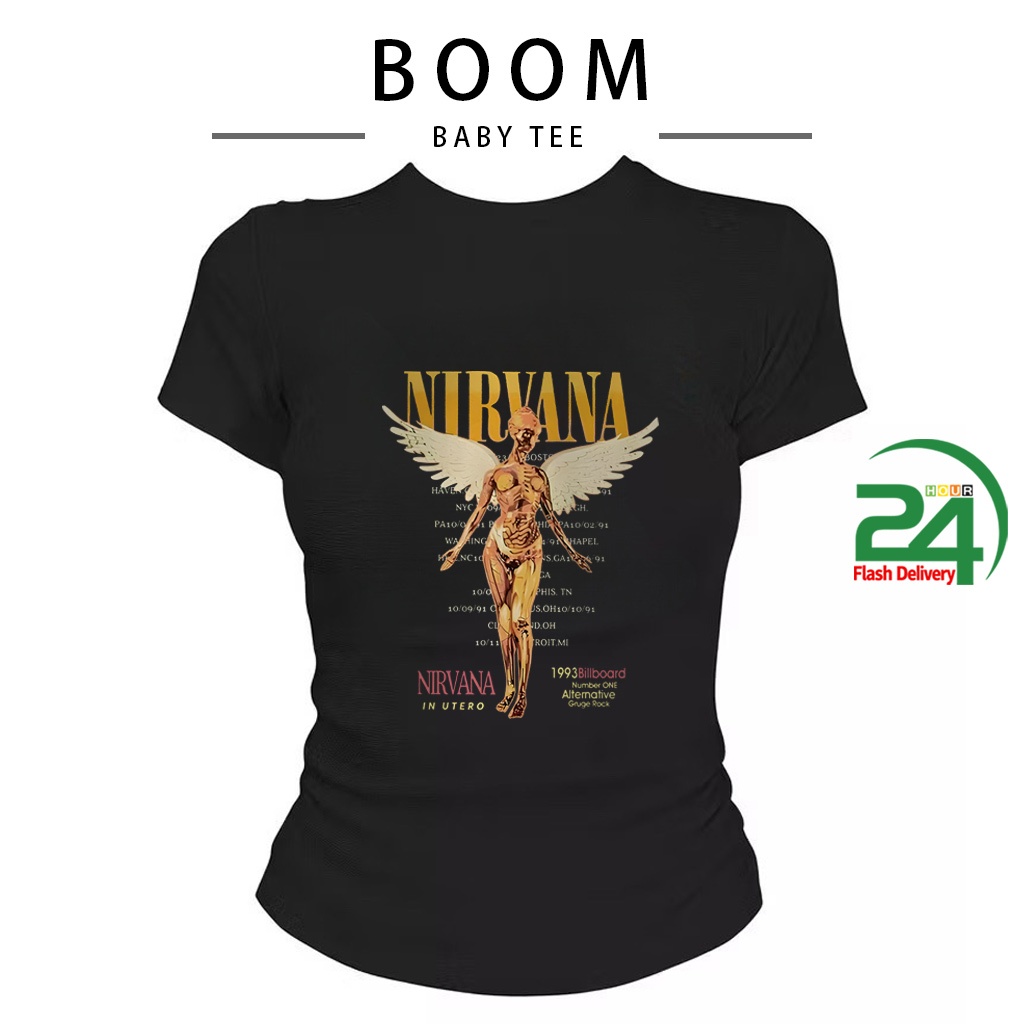 COD(จัดส่งภายใน 24 ชั่วโมง)BOOM NIRVANA เสื้อครอปเข้ารูปBaby tee y2k เสื้อคอกลม รูปที่ 5
