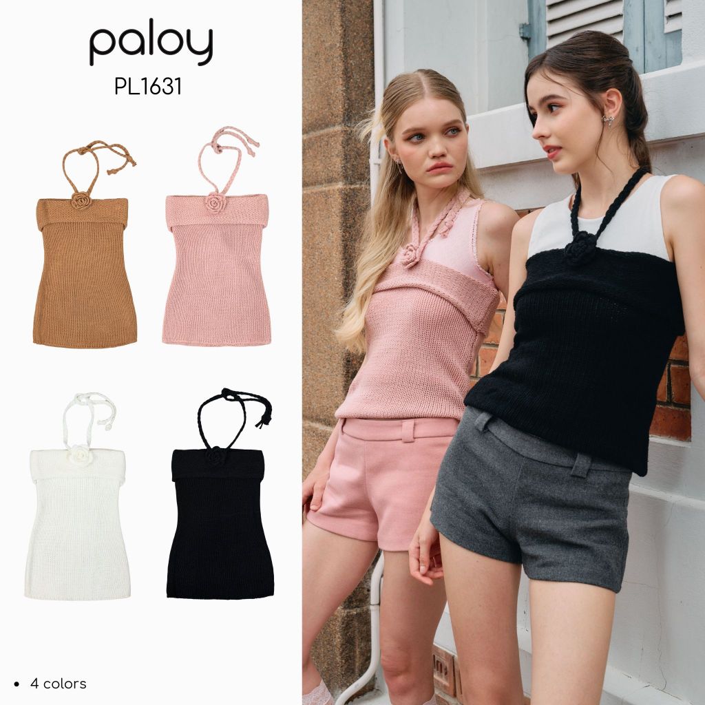 Paloy - PL1631 เสื้อเกาะอกไหมพรม มีสายคล้องคอแต่งดอกไม้