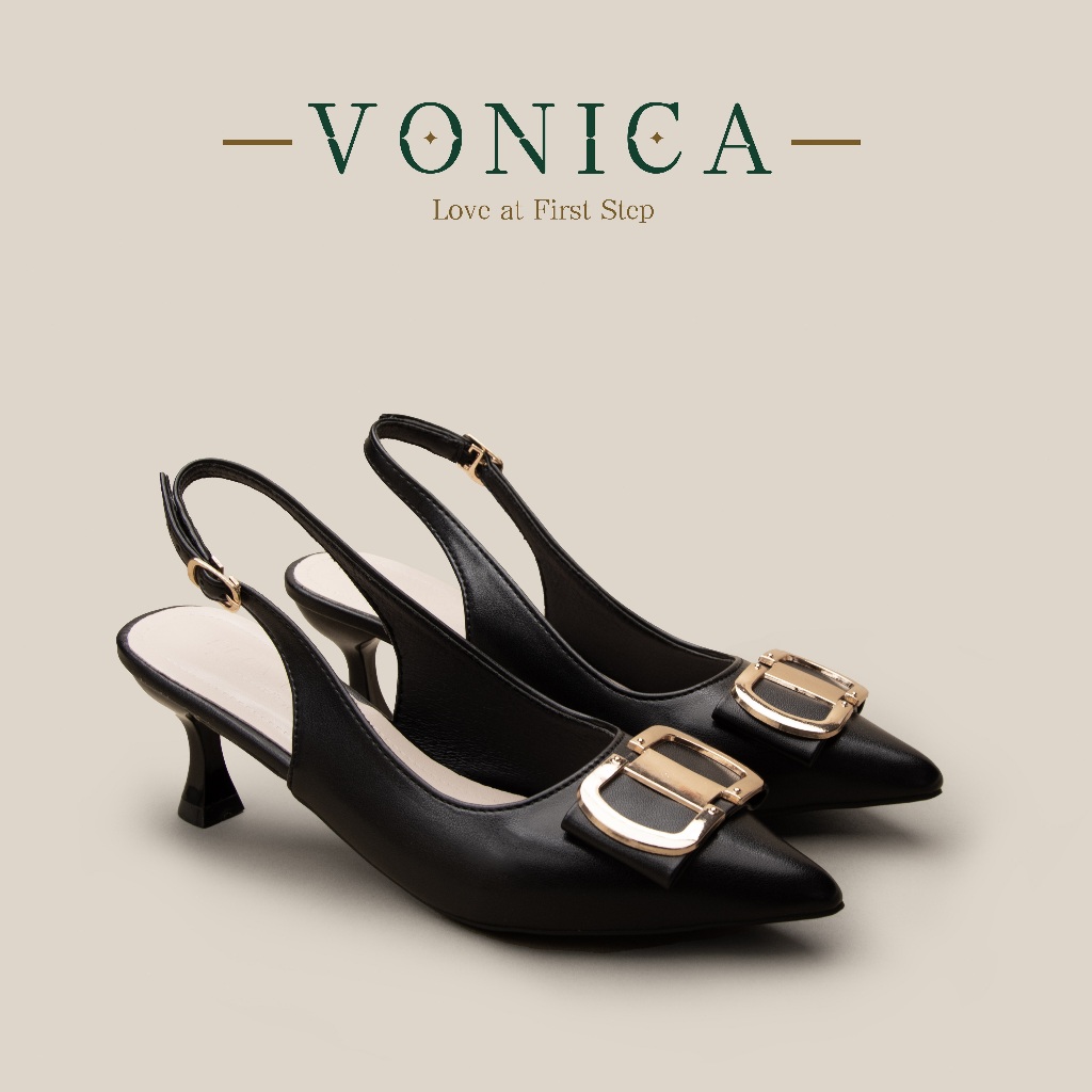 VONICA รองเท้าแตะส้นสูง หัวแหลม สีดำ สำหรับงานเลี้ยงและงานตอนเย็น มาแรง