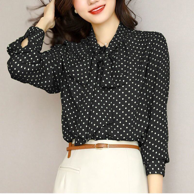 ◆Polka-dot สีดำเสื้อชีฟองผู้หญิงแขนยาว 2024 ฤดูใบไม้ร่วงใหม่อารมณ์อายุ-ลดโบว์เสื้อสไตล์ต่างประเทศ