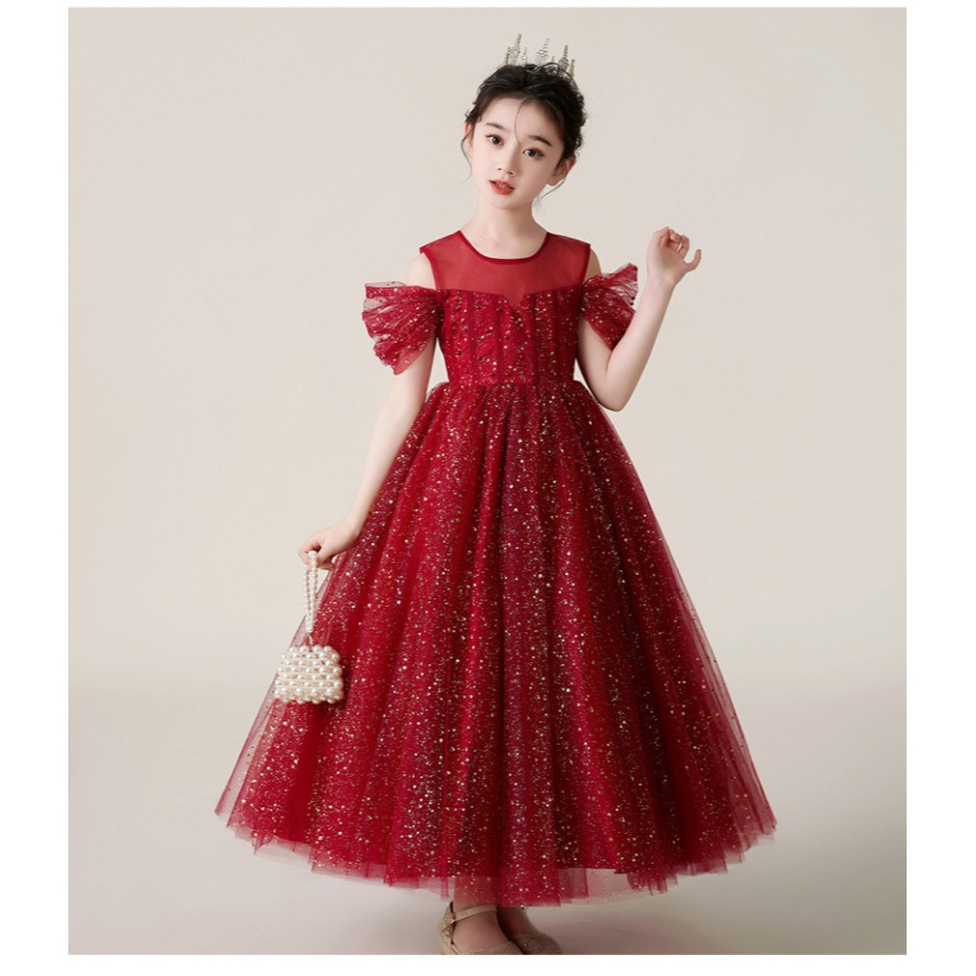 i19 ชุดเดรสยาว ชุดราตรีเด็ก เปิดไหล่ลายทอง พร้อมส่งจากไทย - รูปที่ 3