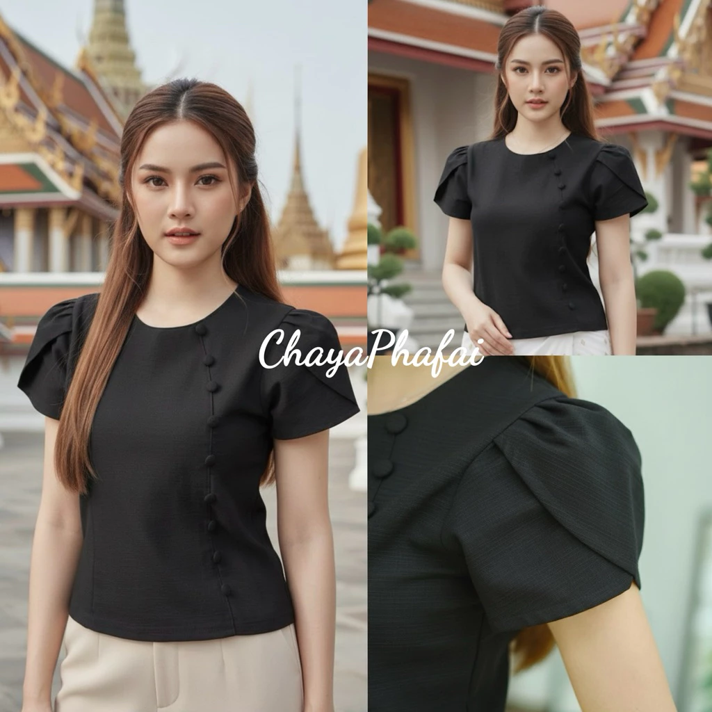 เสื้อผ้าฝ้ายคอกลมแขนดอกบัว รุ่นลิซ่า
