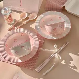【Direct shipping】Plate Ceramic Tableware Rosy Bow Sweet And Gentle Collection Cute Bow Pattern