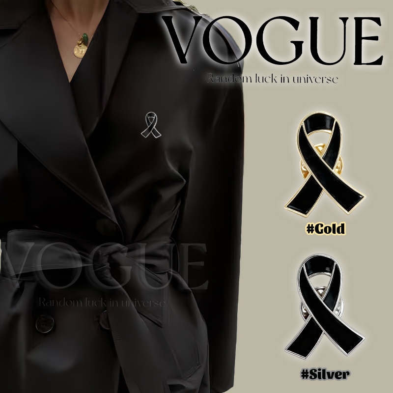 Vogue🌟พร้อมส่ง🌟 เข็มกัดไว้อาลัย ลายริบบิ้นสีดำ สีเงินและสีทอง (BOW)