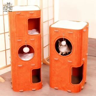 บ้านแมว 2 ชั้น/3 ชั้น ทั้งหมด-ใน-หนึ่ง บ้านปราสาทแมวทรงกระบอก สไตล์ญี่ปุ่นมีรู ที่นอนแมว บ้านสัตว์เลี รู้สึก เตียงแมว
