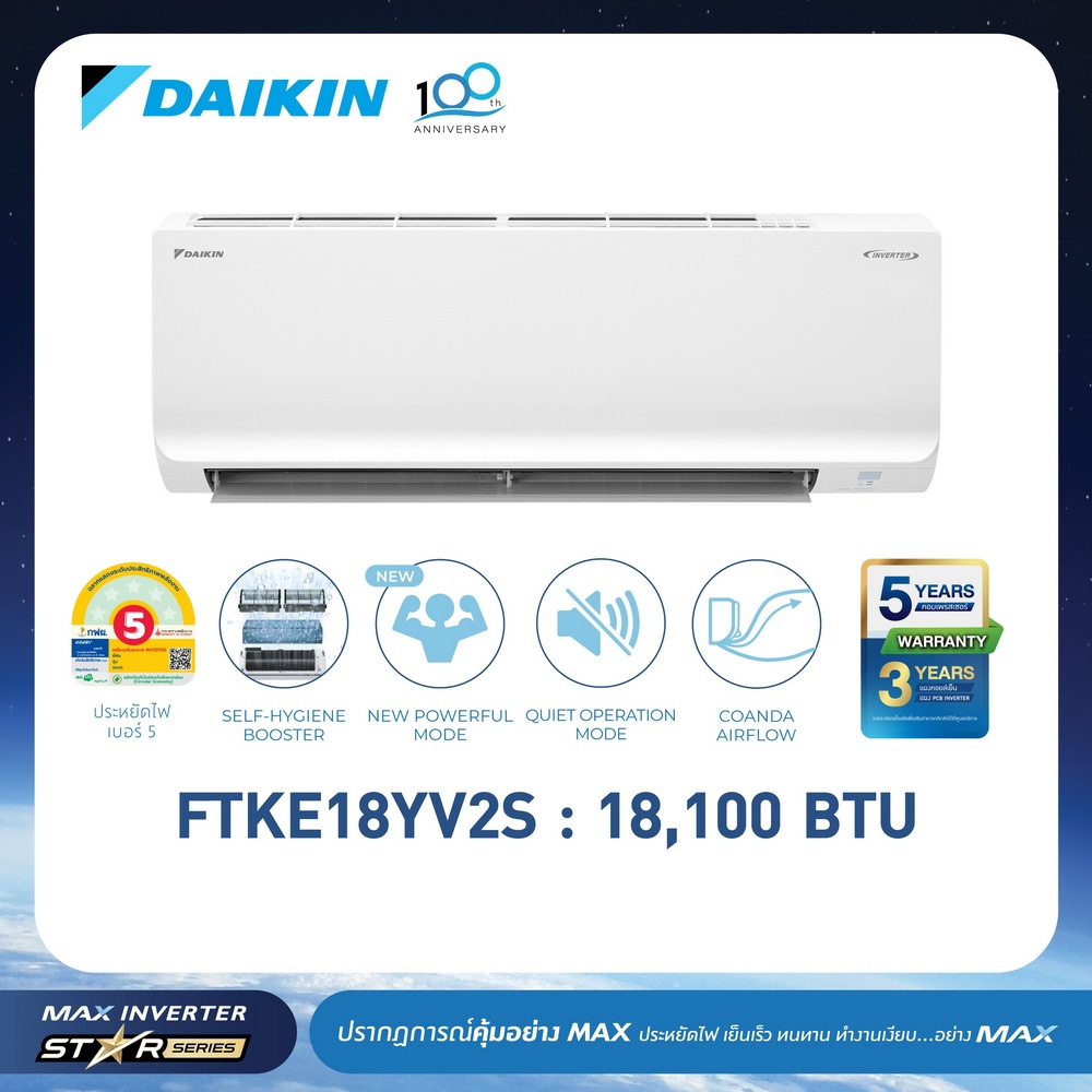 แอร์ไดกิ้น DAIKIN FTKE18YV2S 18,100 BTU. MAX INVERTER STAR KE SERIES
